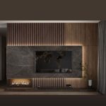Modern Dark Brown TV Unit with Warm Lighting and Cladding