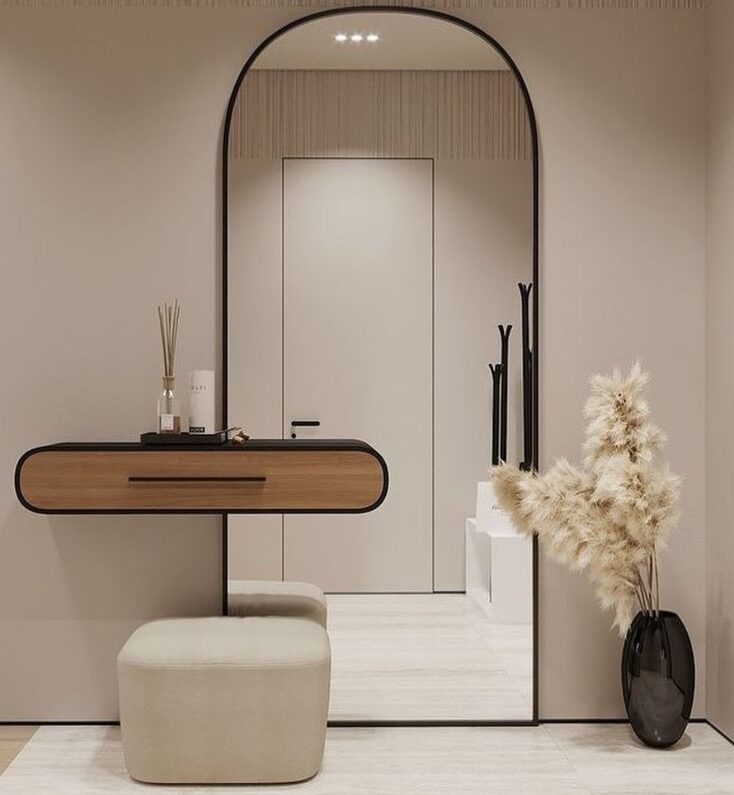 bfa0bd79361b615f3c0793bdeb1f31d0-e1737124096443.jpg Modern Arched Mirror Console with Floating Storage - Image 1